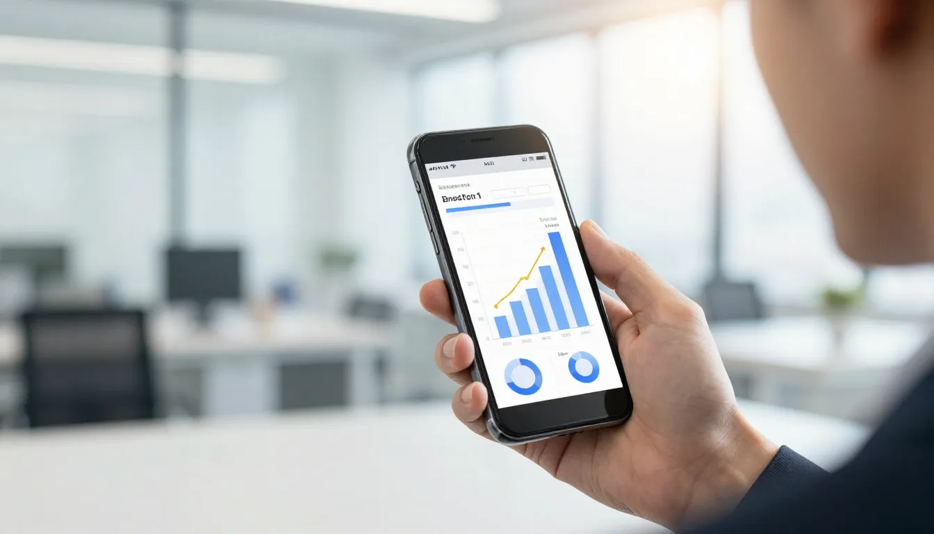 A successful person holding a smartphone with a business gro...