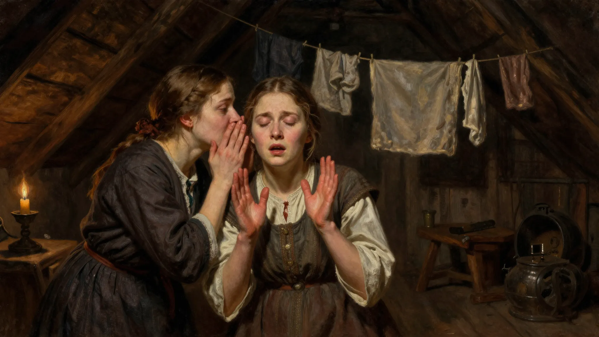 Two Russian peasant sisters in a dark, cramped 19th-century ...