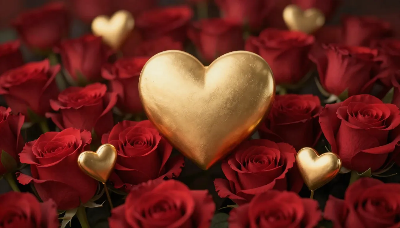 A romantic and elegant background with red roses and golden ...