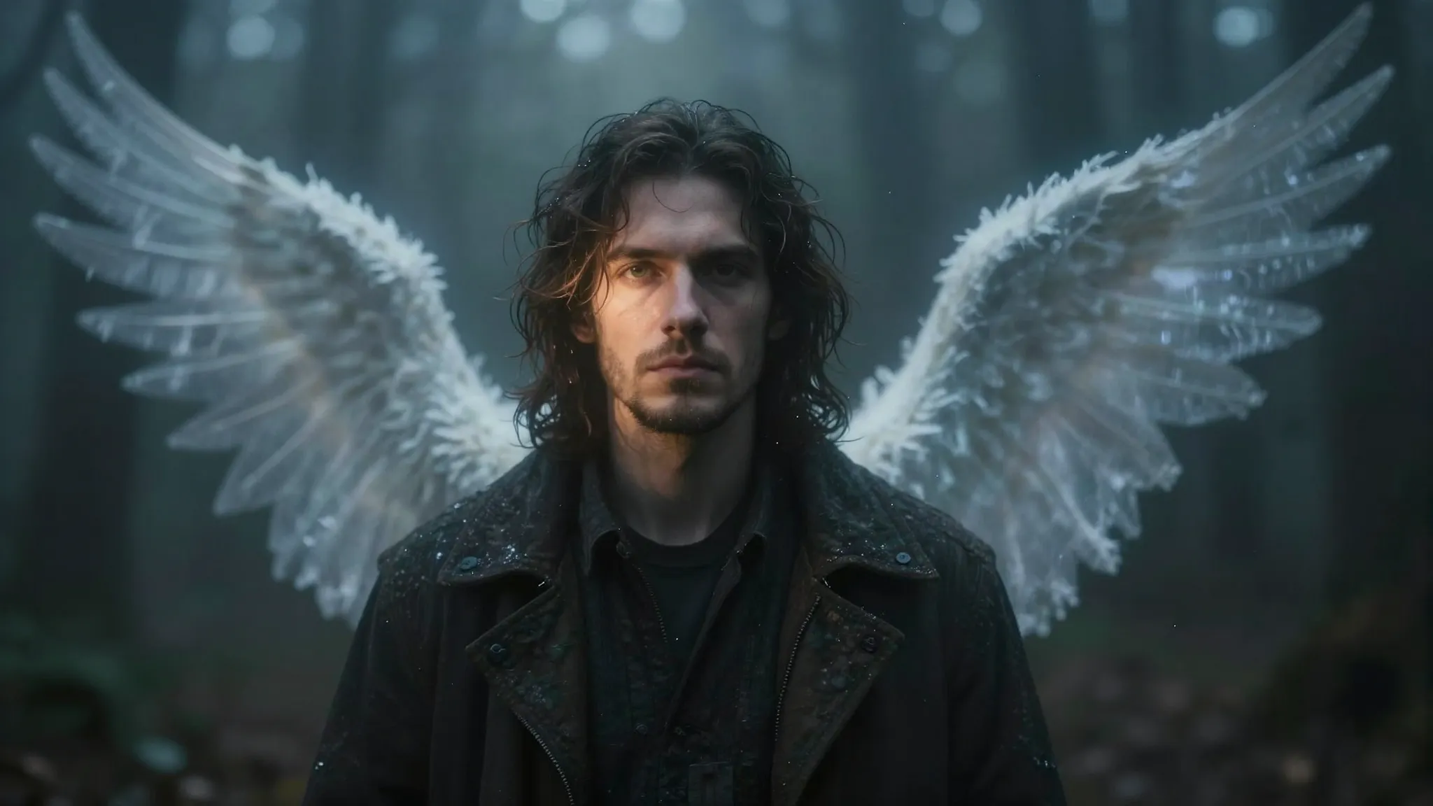 A soulful portrait of a man in a dark, misty forest. His fac...