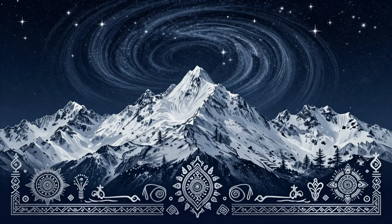 Book cover design, snowy mountain peaks under a swirling sta...