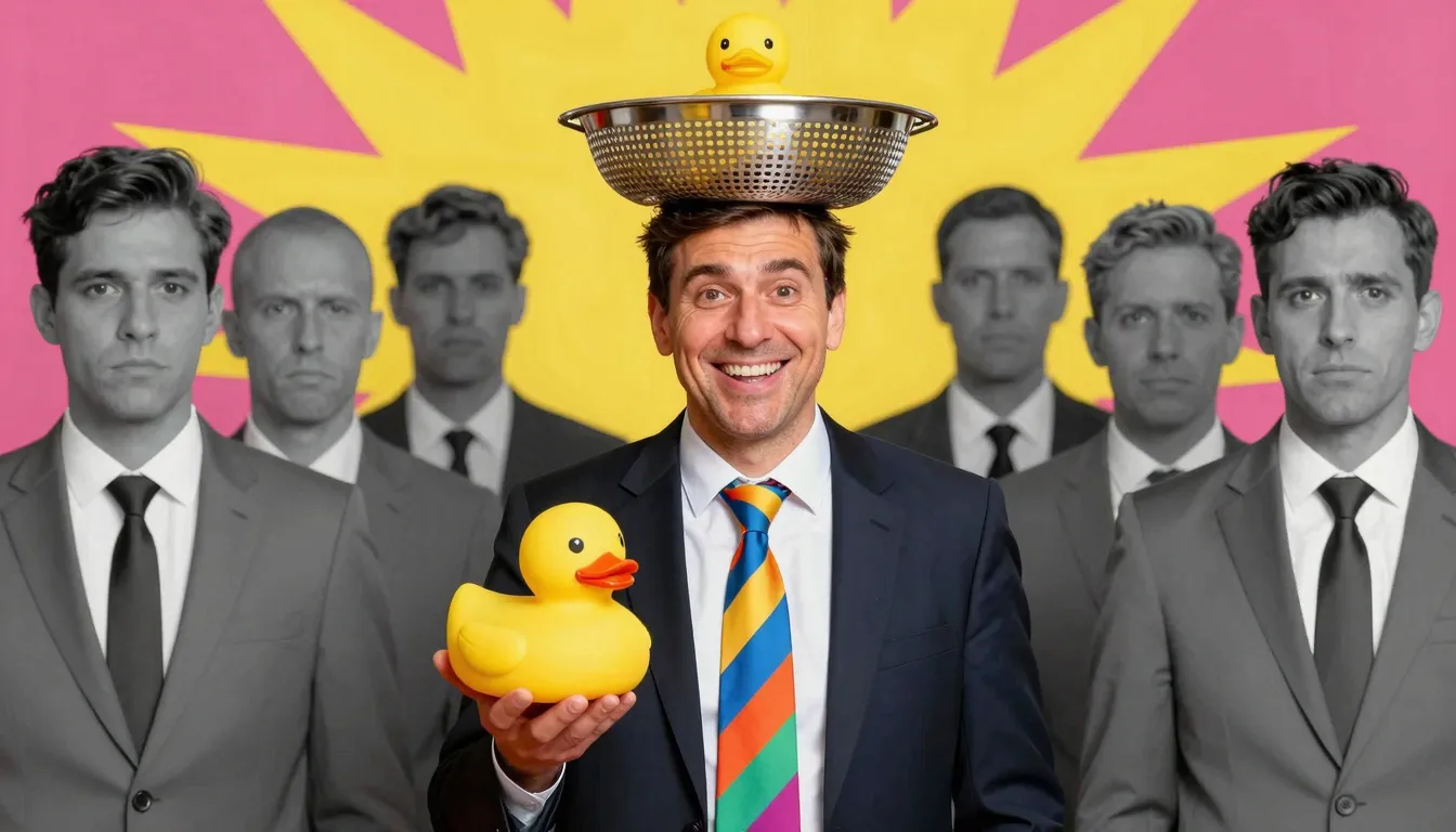 A cheerful man with a colorful tie and a colander on his hea...