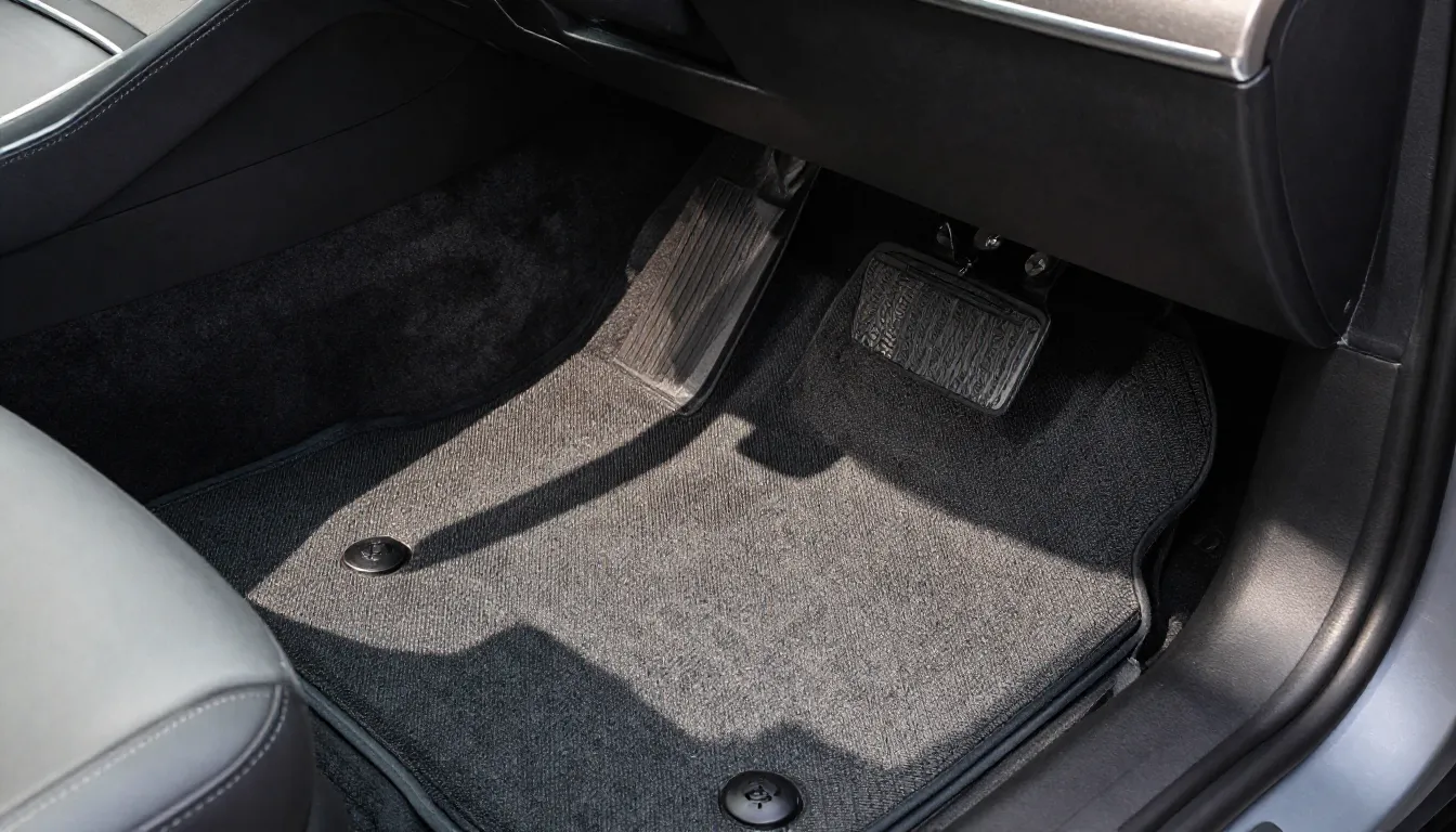 Modern car interior with clean textile floor mats, soft spri...