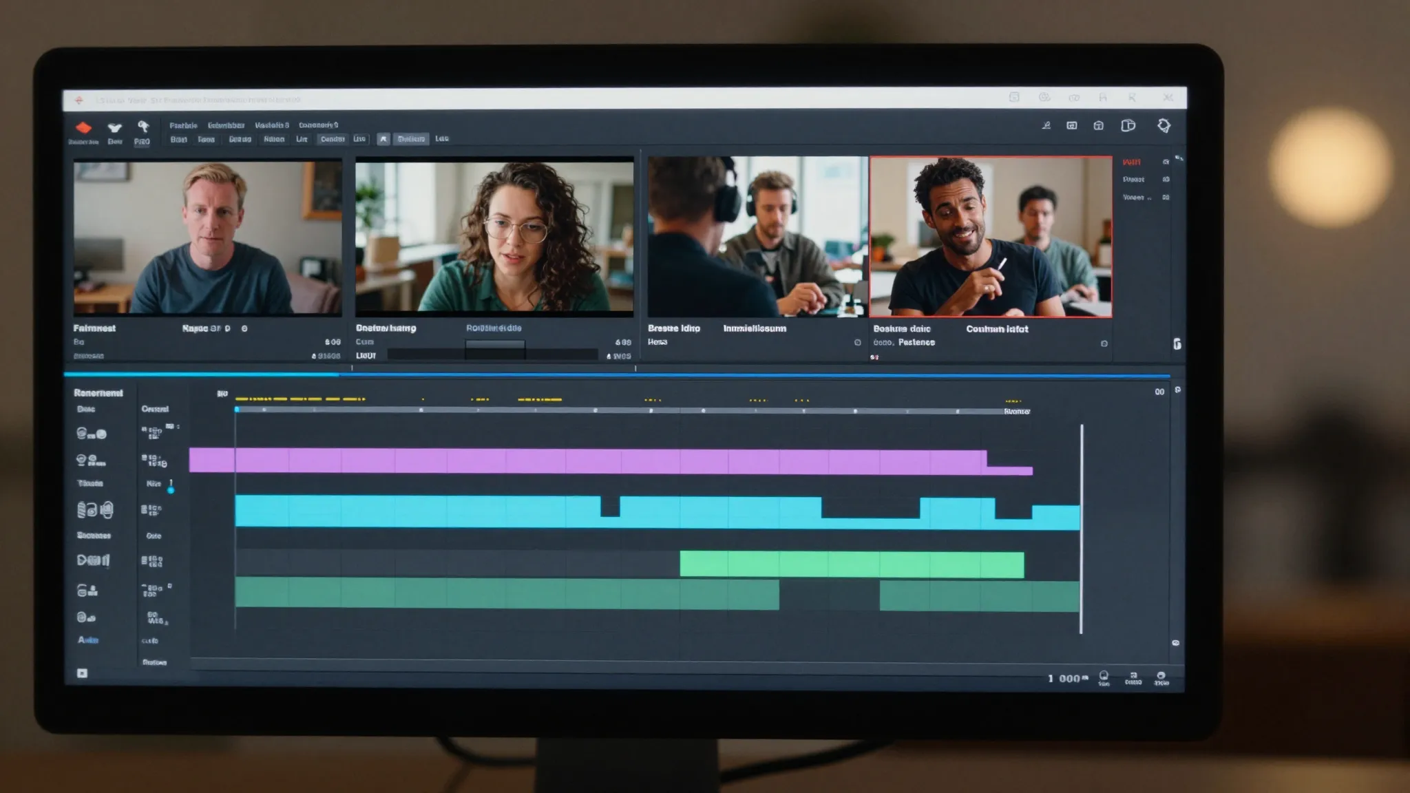 A professional video editing interface on a computer screen,...