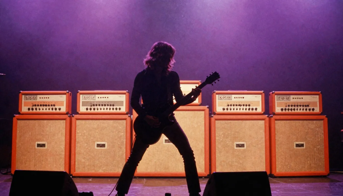 Vintage 1970s rock concert aesthetic, silhouette of a guitar...