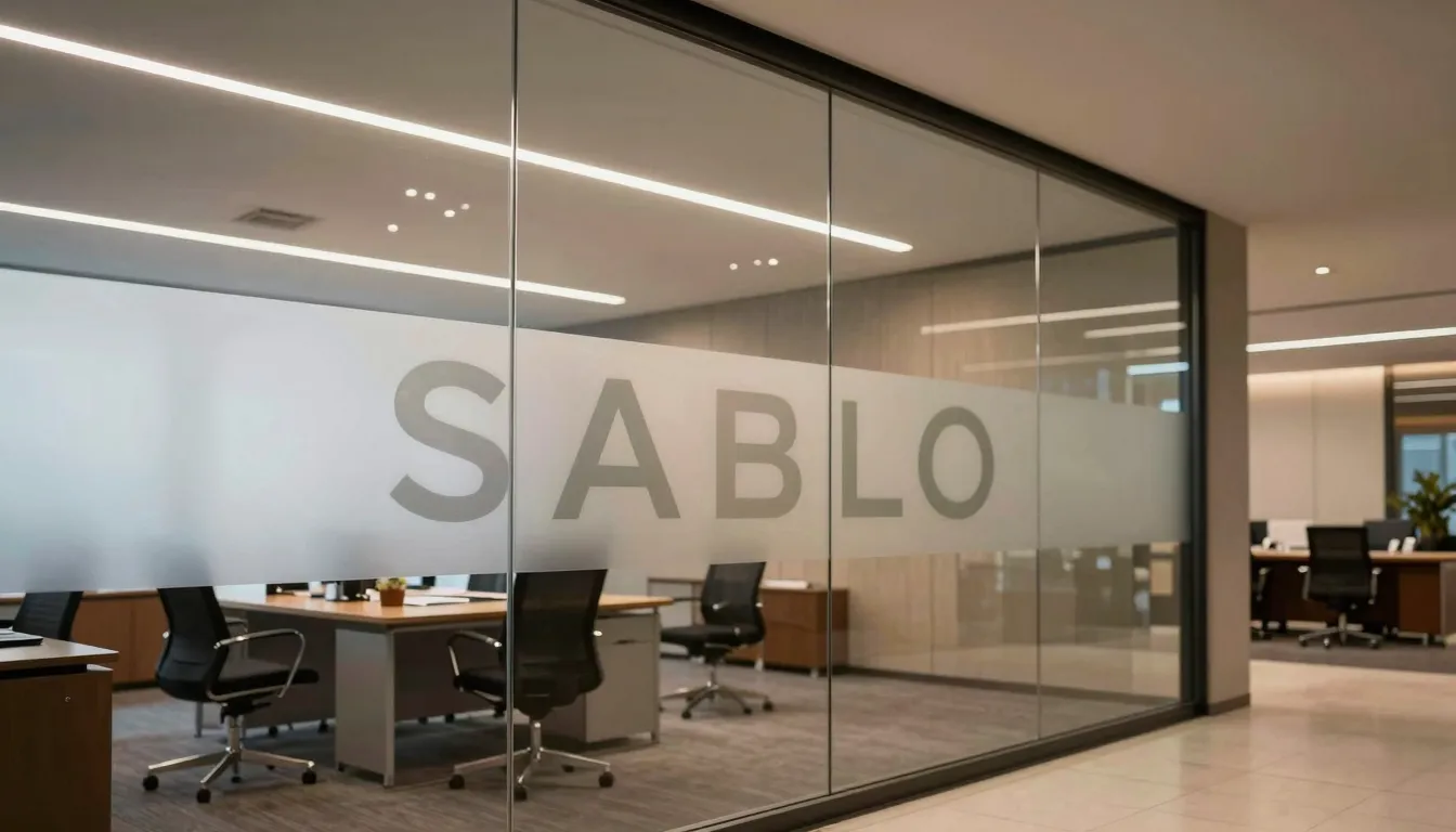 A sophisticated business office interior with a glass wall f...