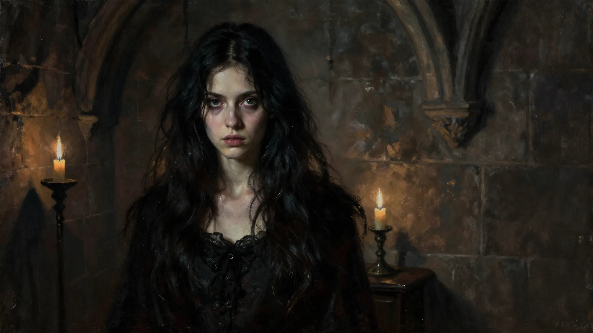 A young woman with wild, dark hair and intense, haunting eye...