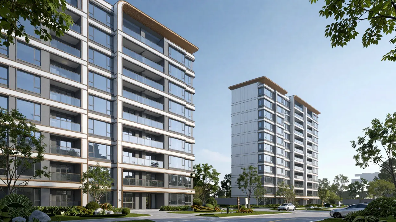 Modern residential complex with stylish architecture, green ...