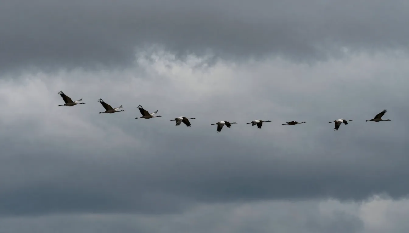 A perfect, sharp V-formation of cranes flying across a heavy...