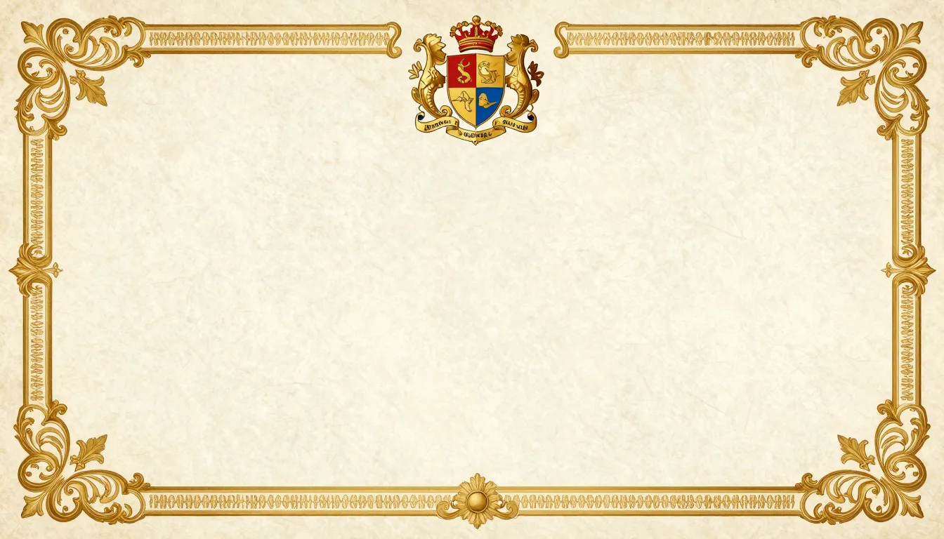 A blank vertical heraldic diploma template on aged paper, in...
