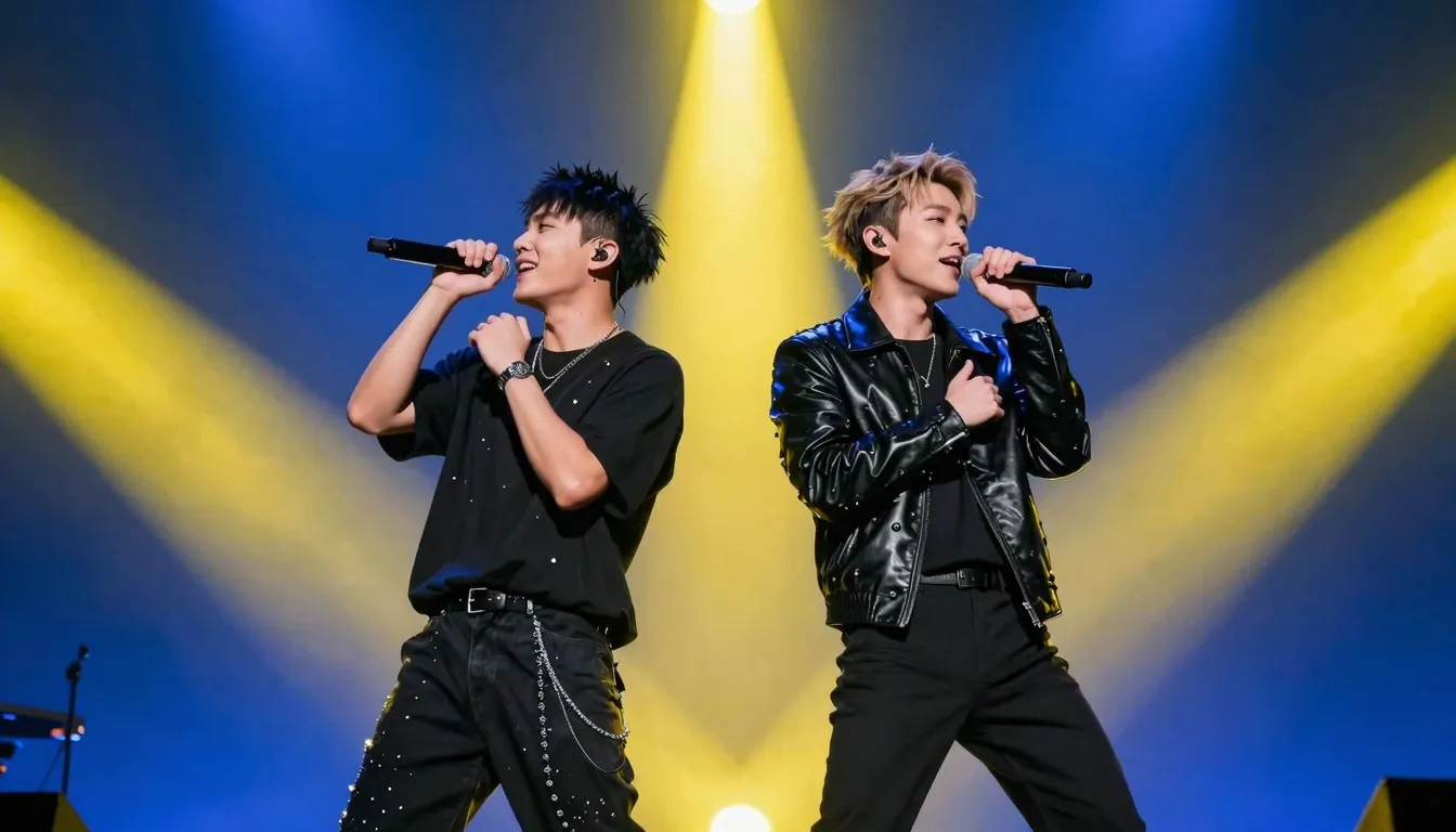 Two pop singers on a stage, energetic pose, bright stage lig...