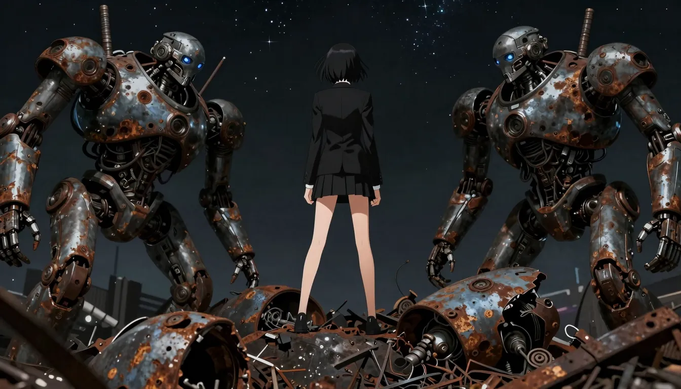 Cinematic scene, an anime girl in black suit standing on a p...