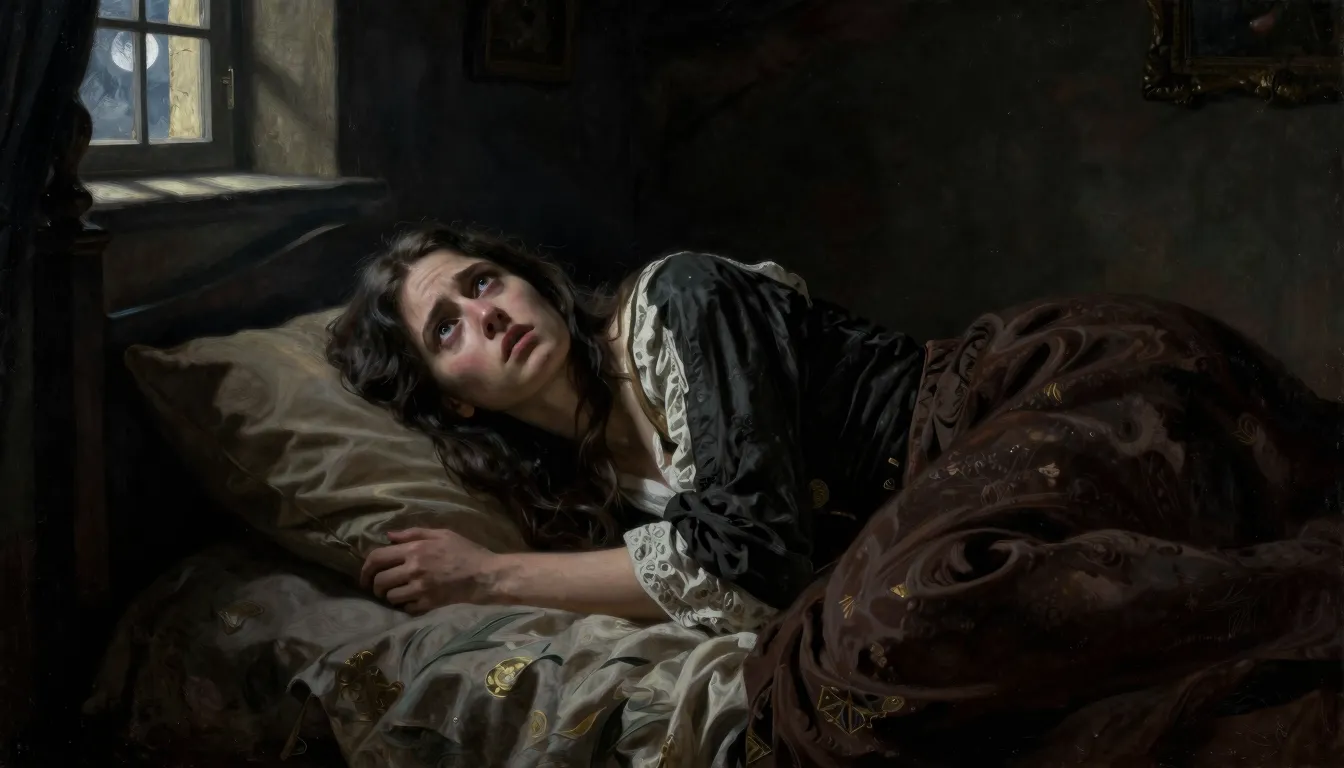 A young woman with long dark hair lying awake in a dark 17th...