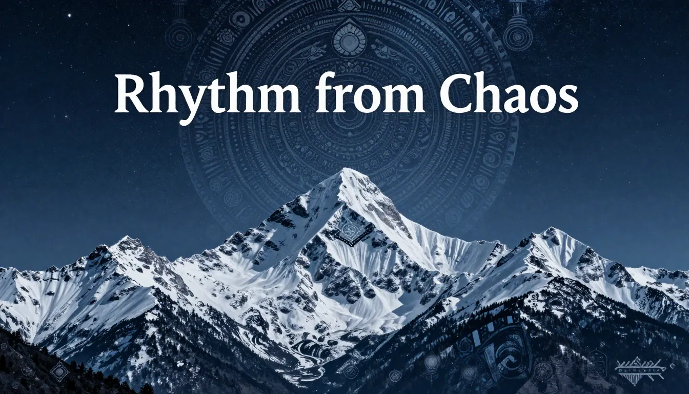 Book cover design, title 'Rhythm from Chaos', majestic snowy...