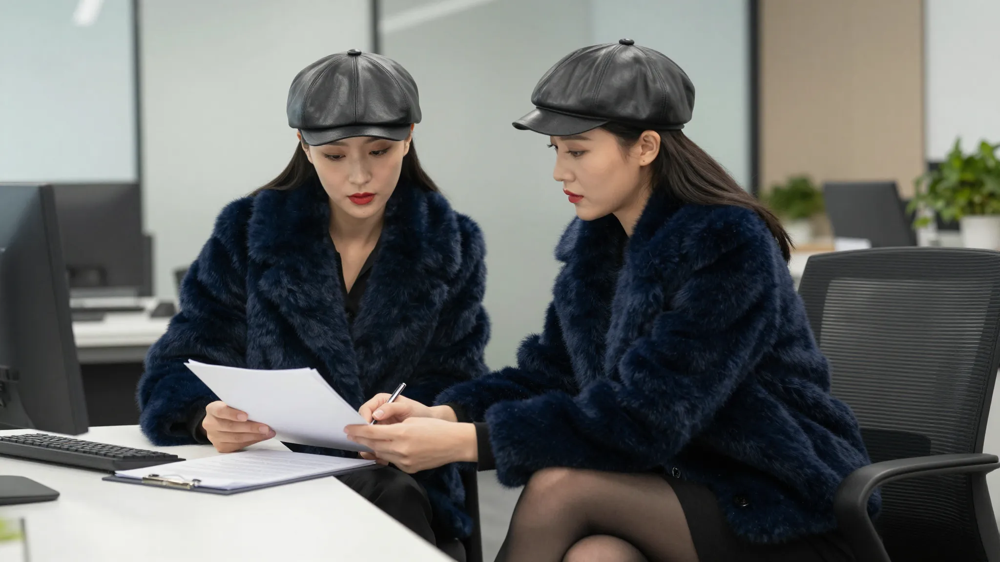 Side view of two elegant Chinese business women sitting at a...