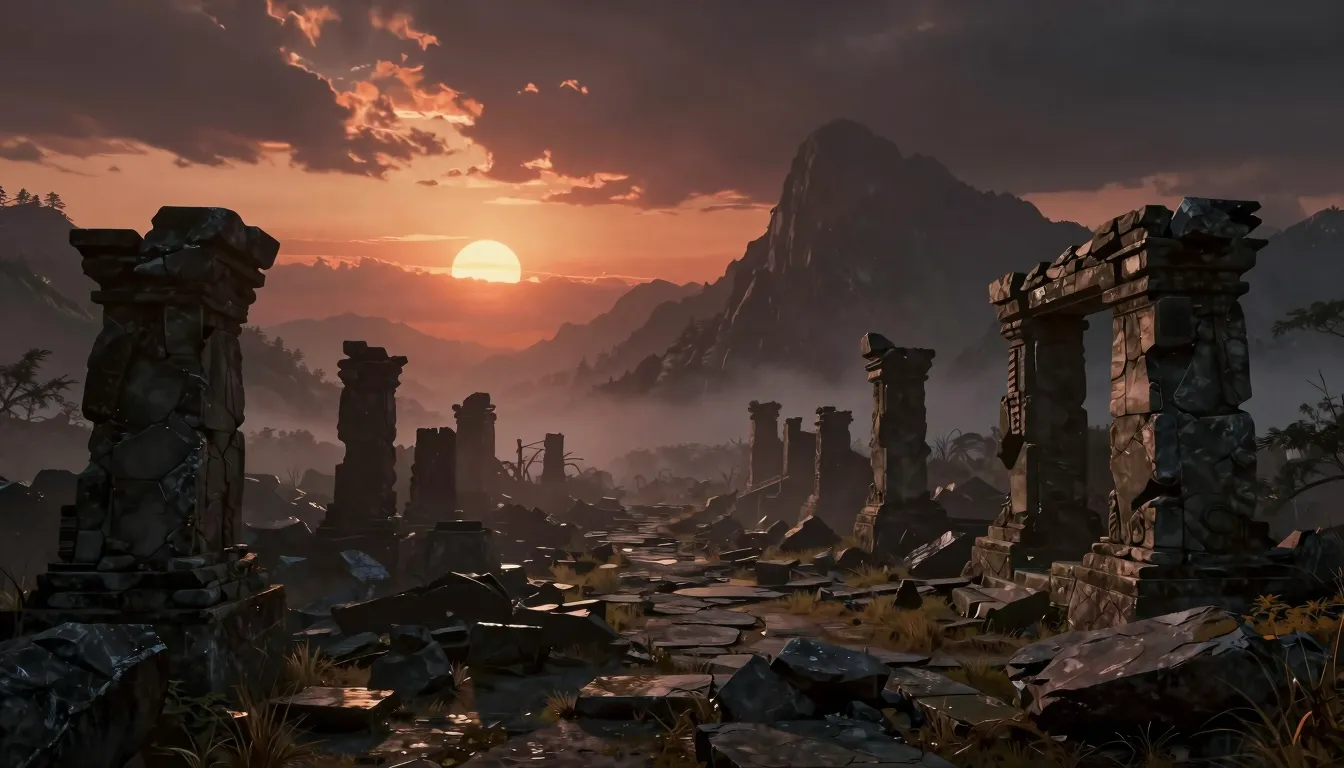Epic dark fantasy landscape, dramatic sunset over ancient st...