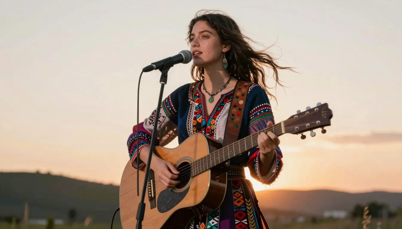 Beautiful folk singer girl with a guitar, standing on a hill...