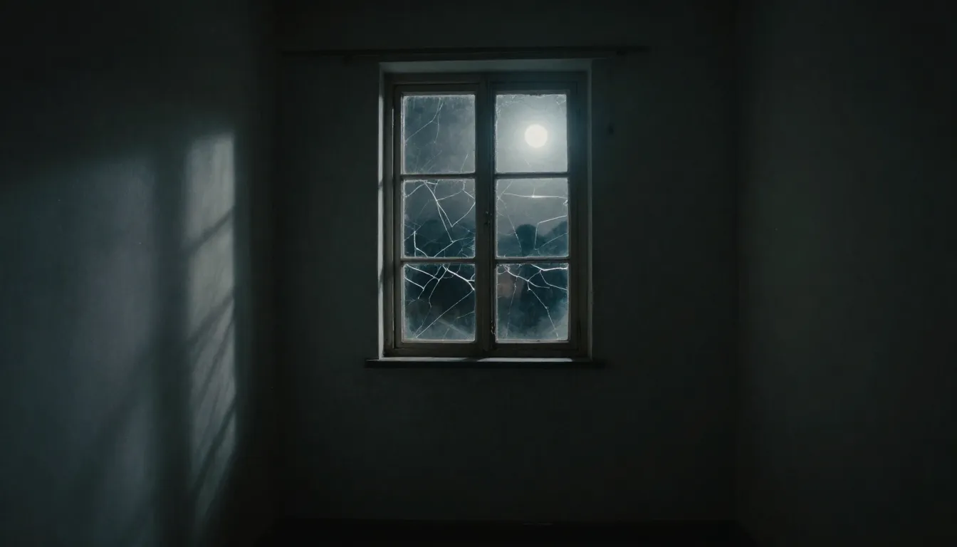 A lonely room with gray dusty walls, a cracked window reflec...