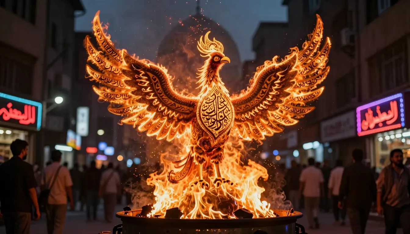 A majestic phoenix bird rising from a street bonfire in Cair...