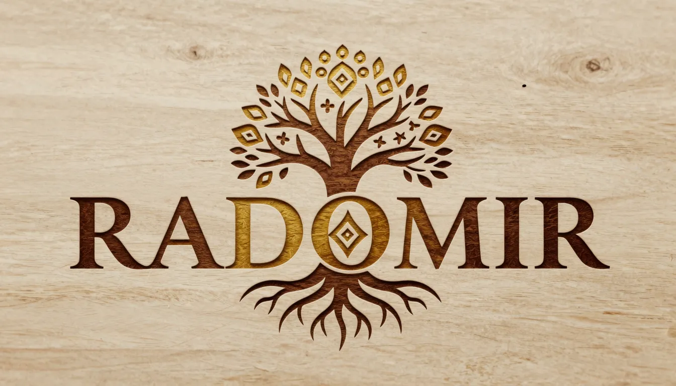 A logo design for 'RADOMIR'. The text is in stylized Old Sla...