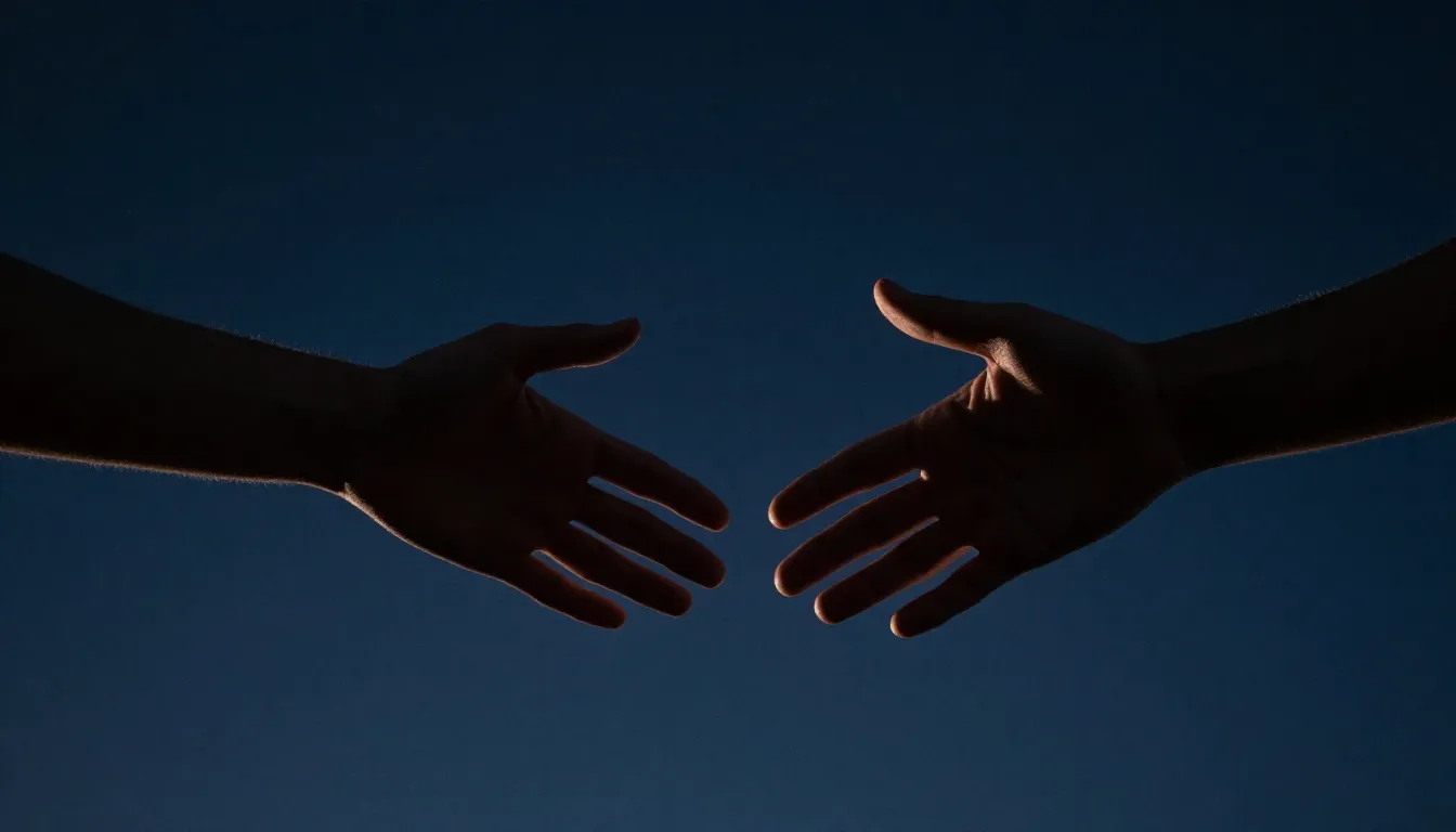Two hands reaching out to each other against a background of...