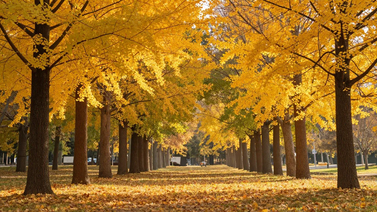 Beautiful autumn landscape with golden leaves, soft sunlight...