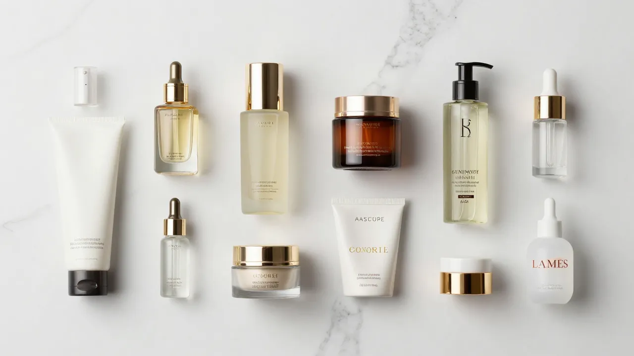 A creative collage of various high-end skincare products arr...