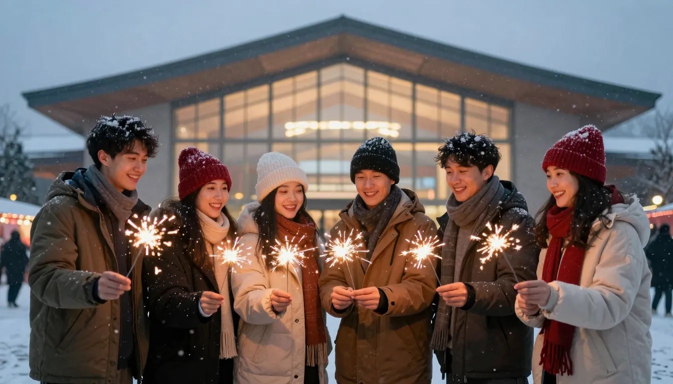 A group of happy friends at a winter festival, wearing styli...