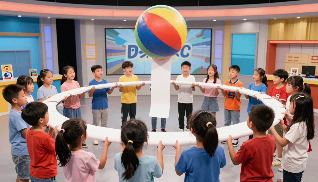 A large group of children in a studio holding a long unrolle...