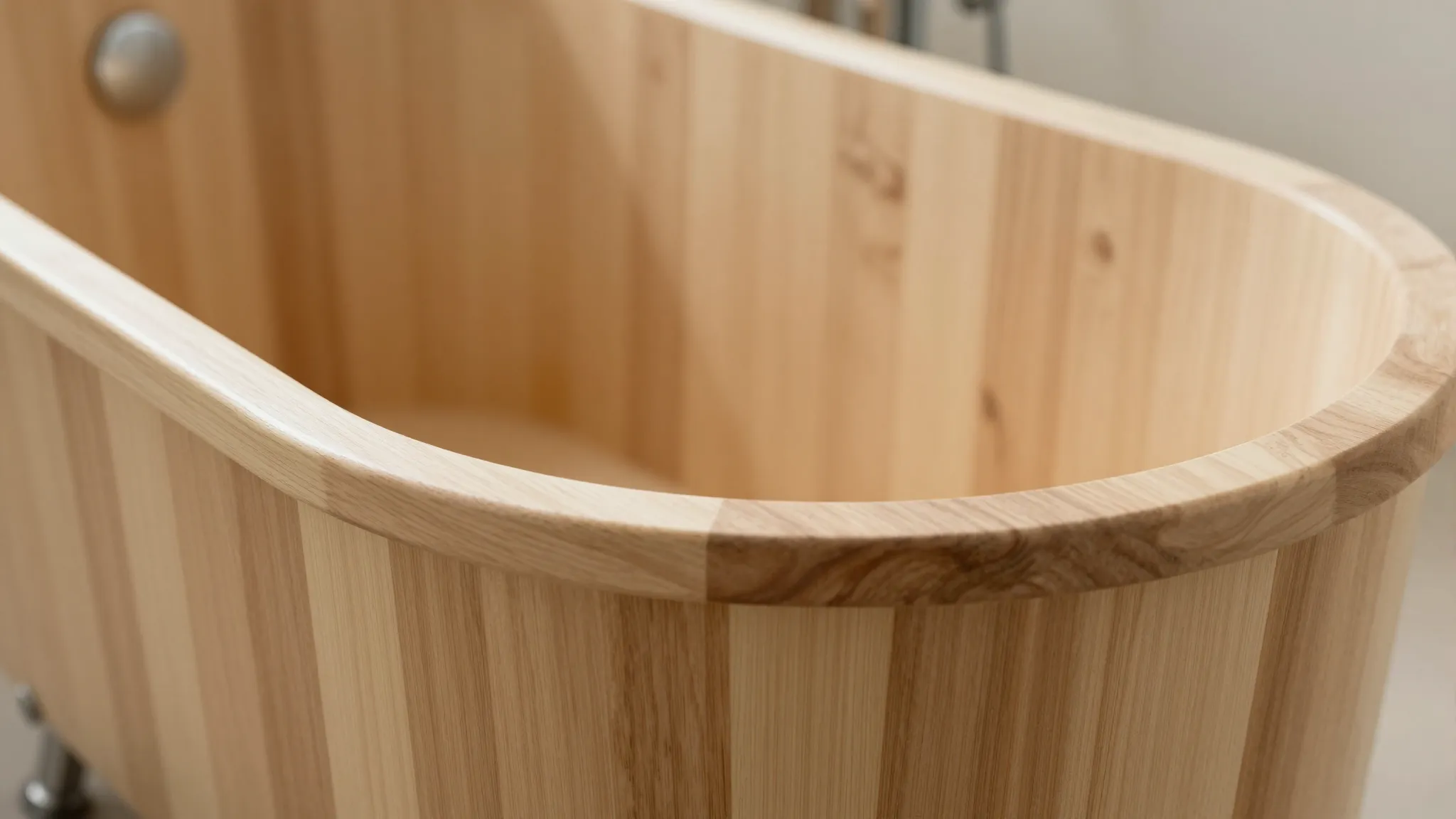 A close-up of a premium cedar wooden tub with metal hoops, n...
