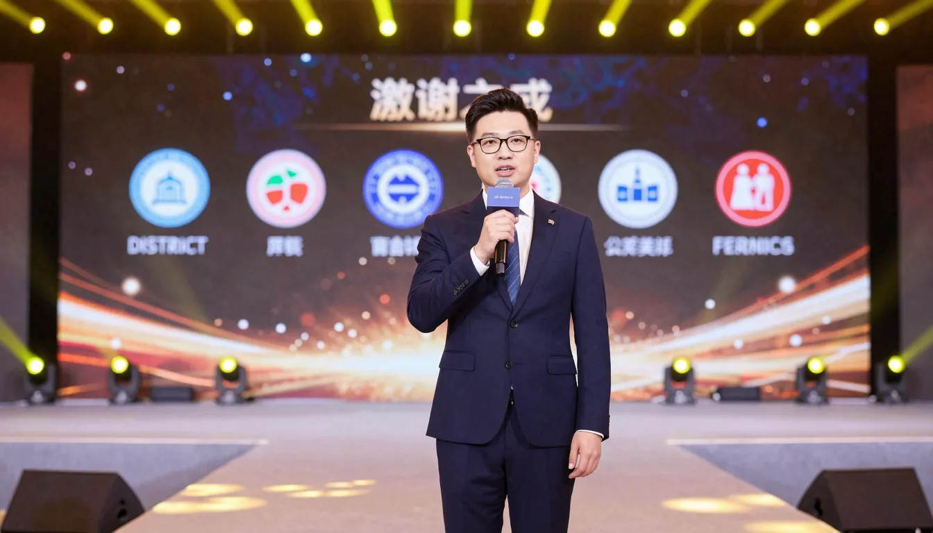 A professional event host on a decorated stage, microphone i...