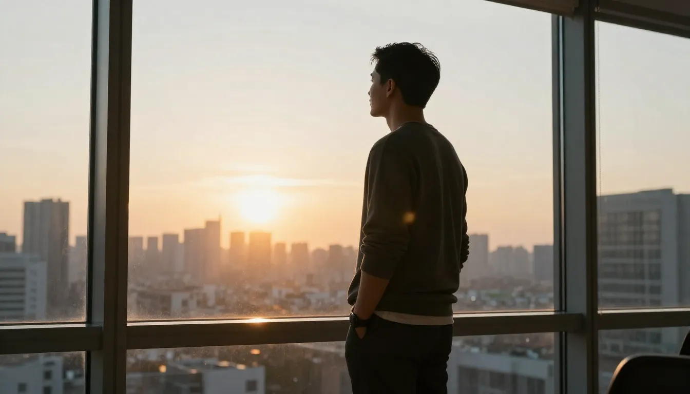 A confident man standing by a large window looking at a city...
