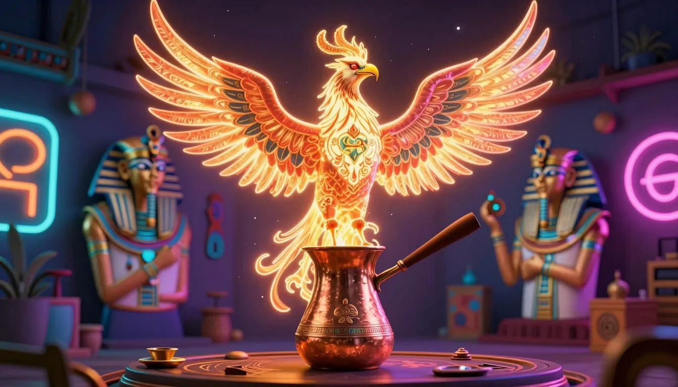 A surreal fusion of ancient Egyptian symbols and modern neon...