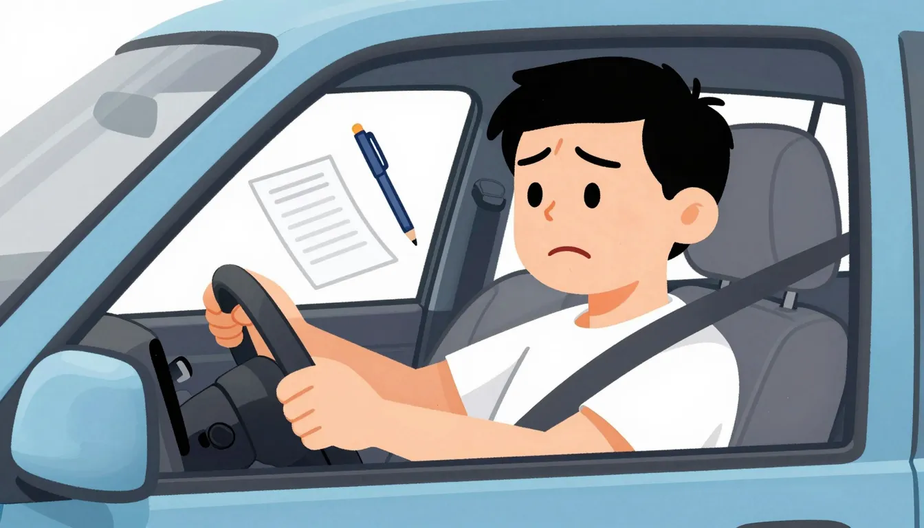 A funny illustration of a man driving a car, holding the ste...