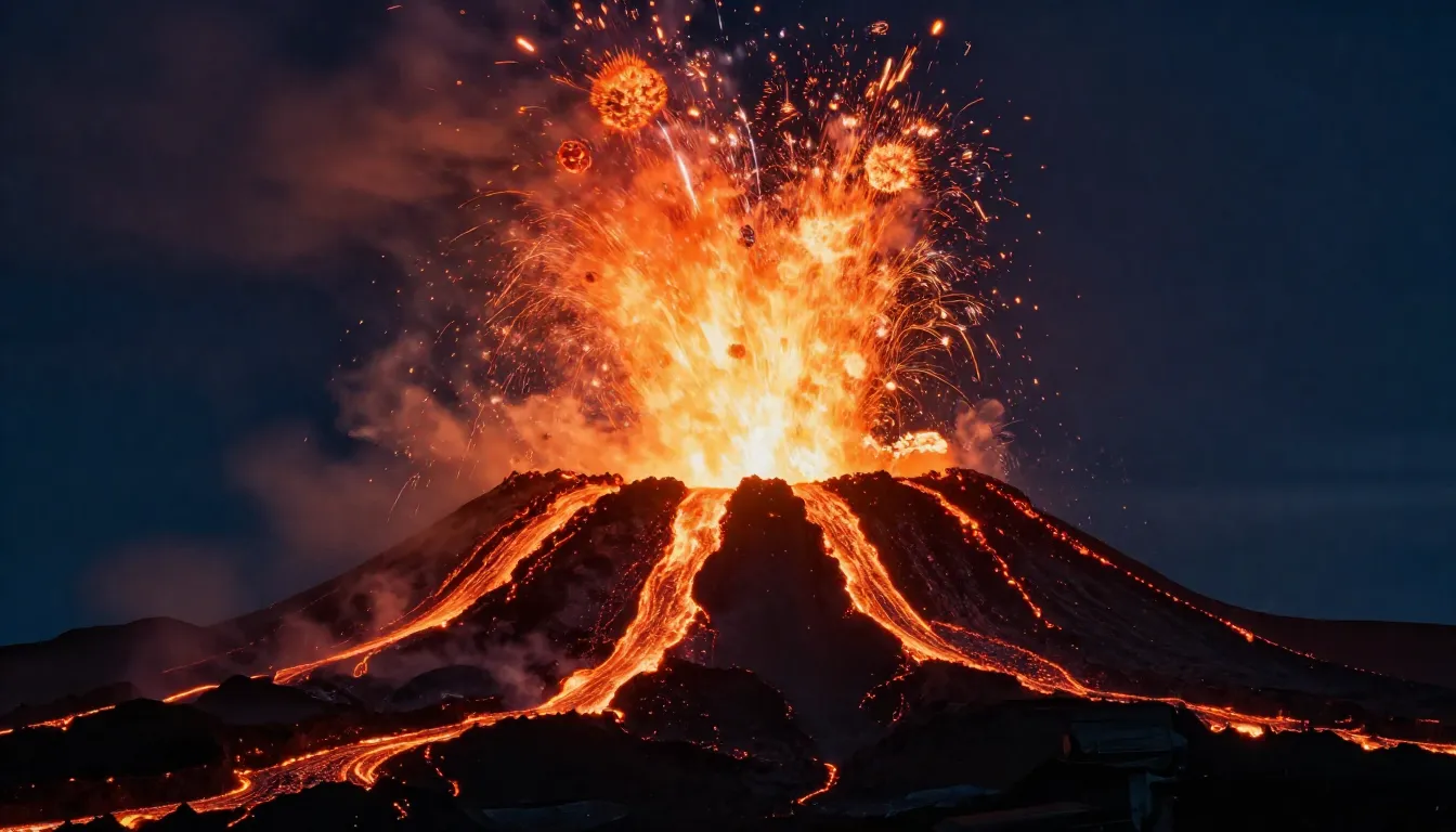 Strombolian eruption of a massive shield volcano at night, s...