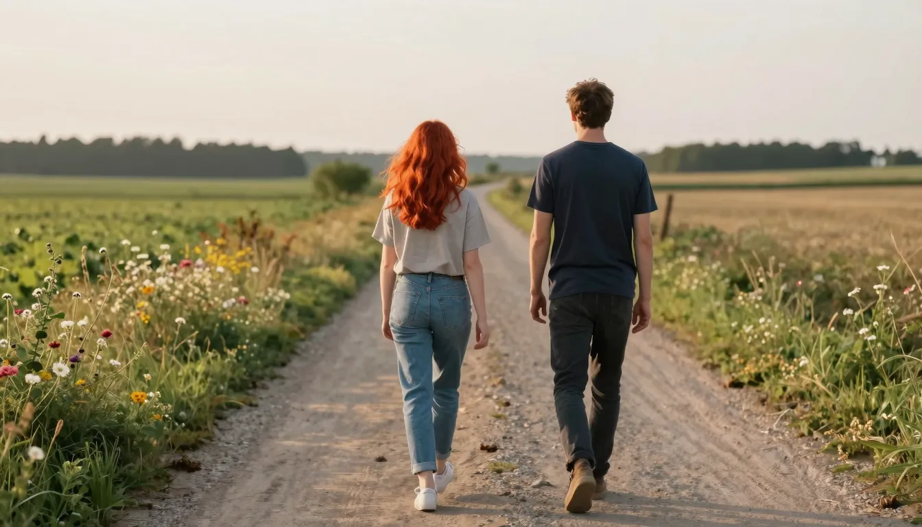 A couple seen from behind, walking away on a rural dirt road...