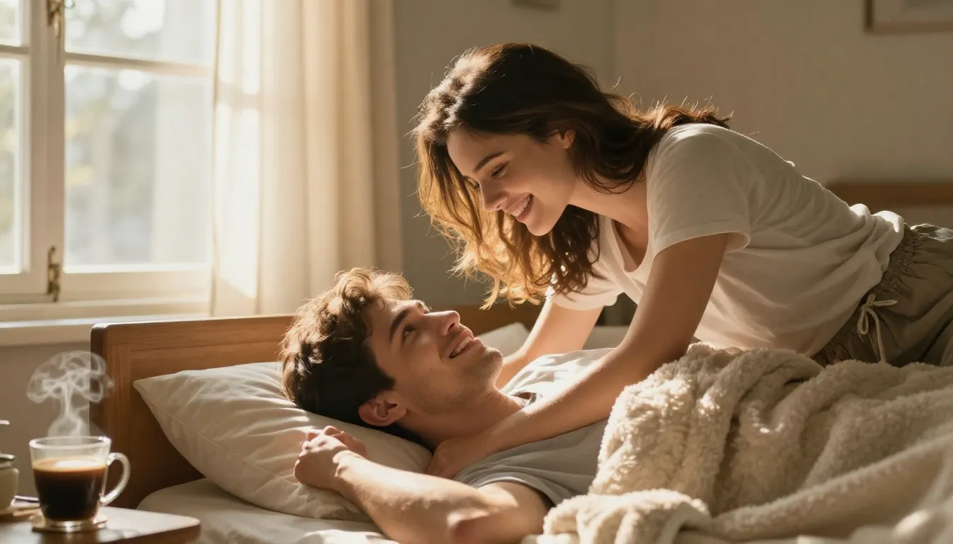 A heartwarming morning scene in a cozy sunlit bedroom. A you...