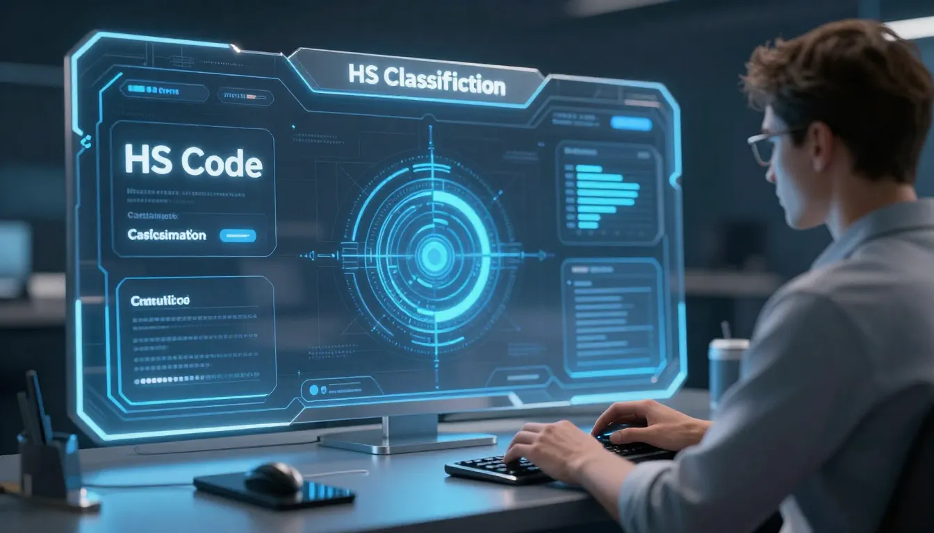 Futuristic digital interface for HS Code classification, cus...