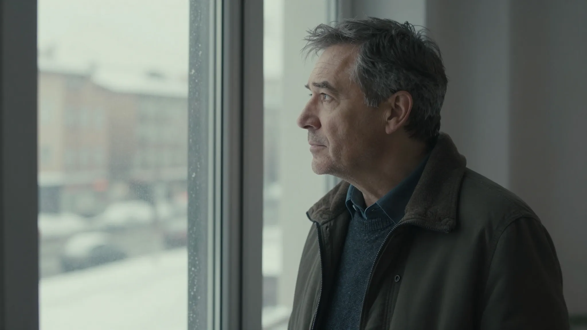 A thoughtful middle-aged man looking out of a window at a sn...