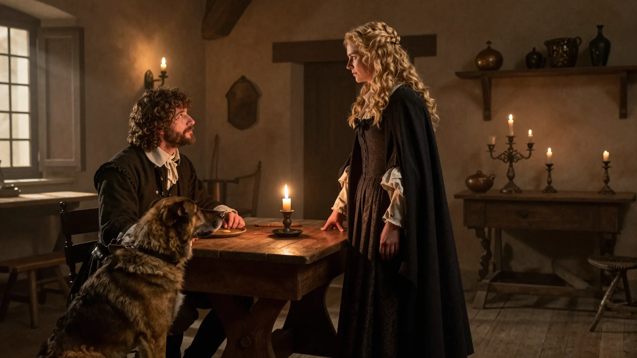 A cinematic scene in a 17th-century French tavern, a sharp-f...