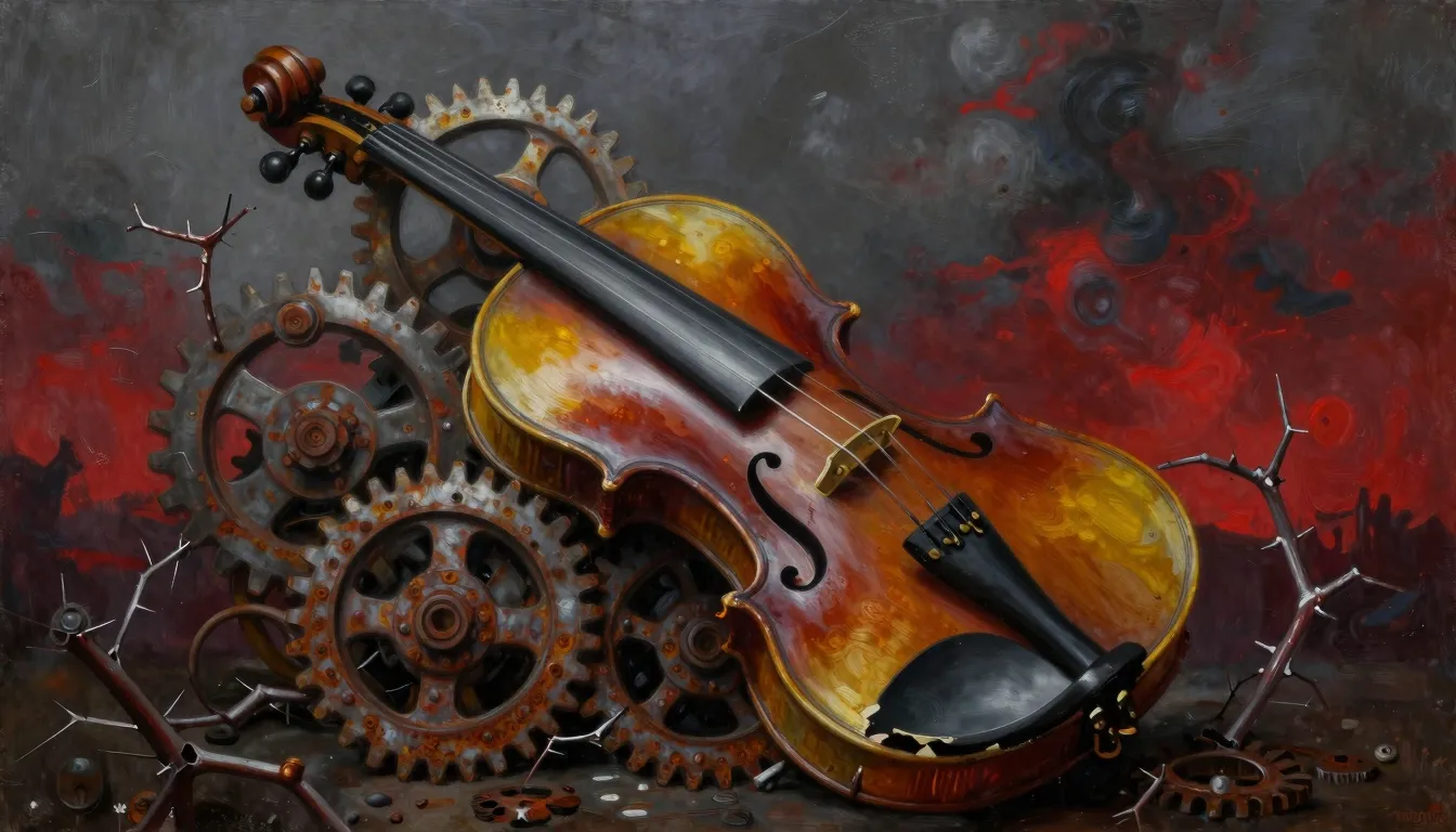 Dark surreal oil painting, a broken violin intertwined with ...