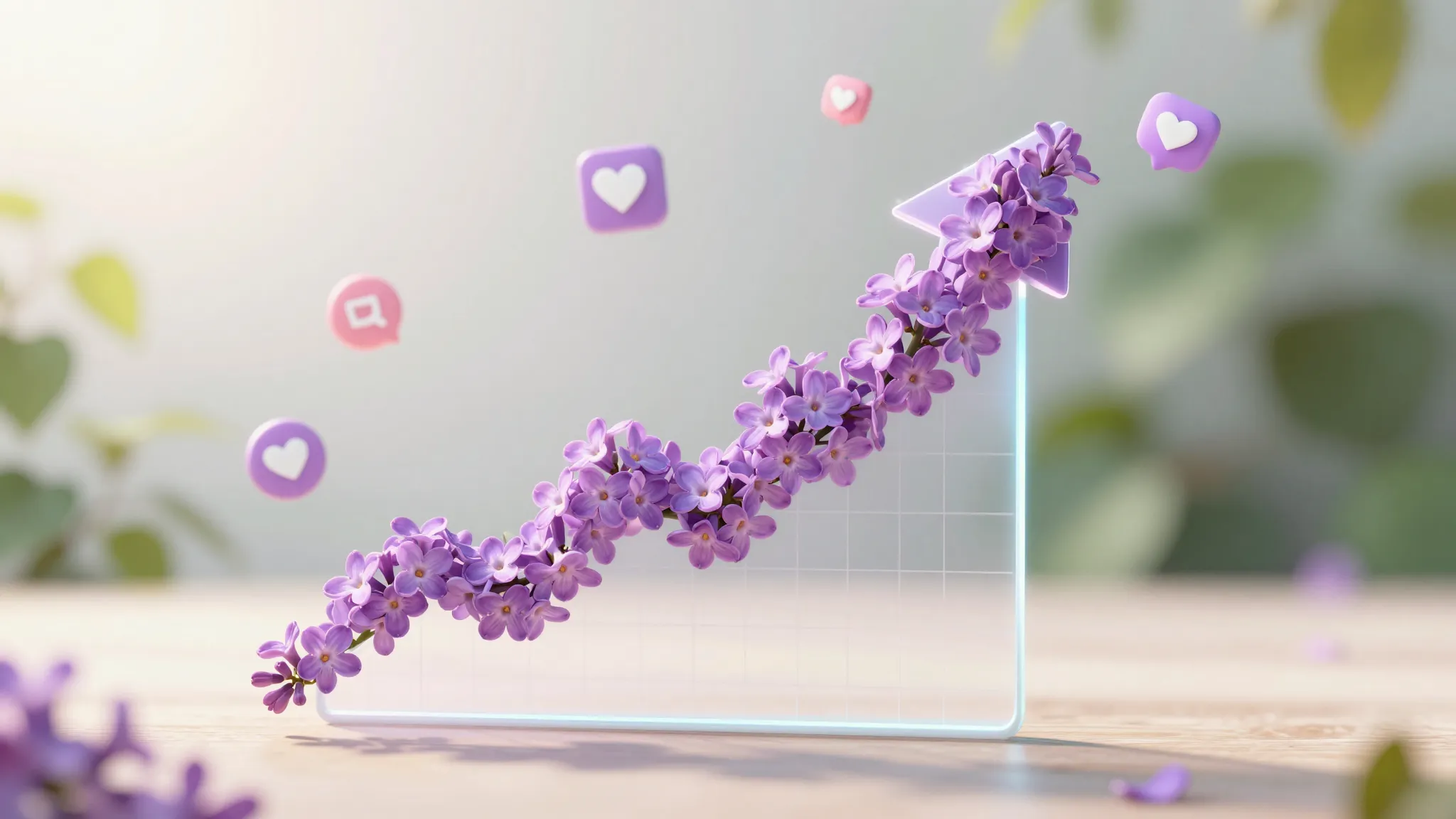 A glowing digital chart showing a rising arrow made of lilac...