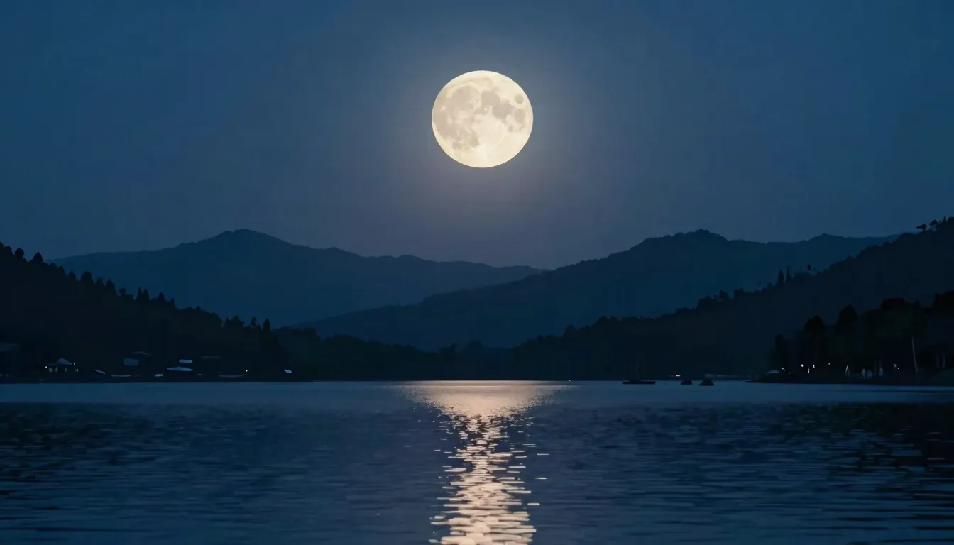 A serene night landscape with a full moon reflecting in a ca...