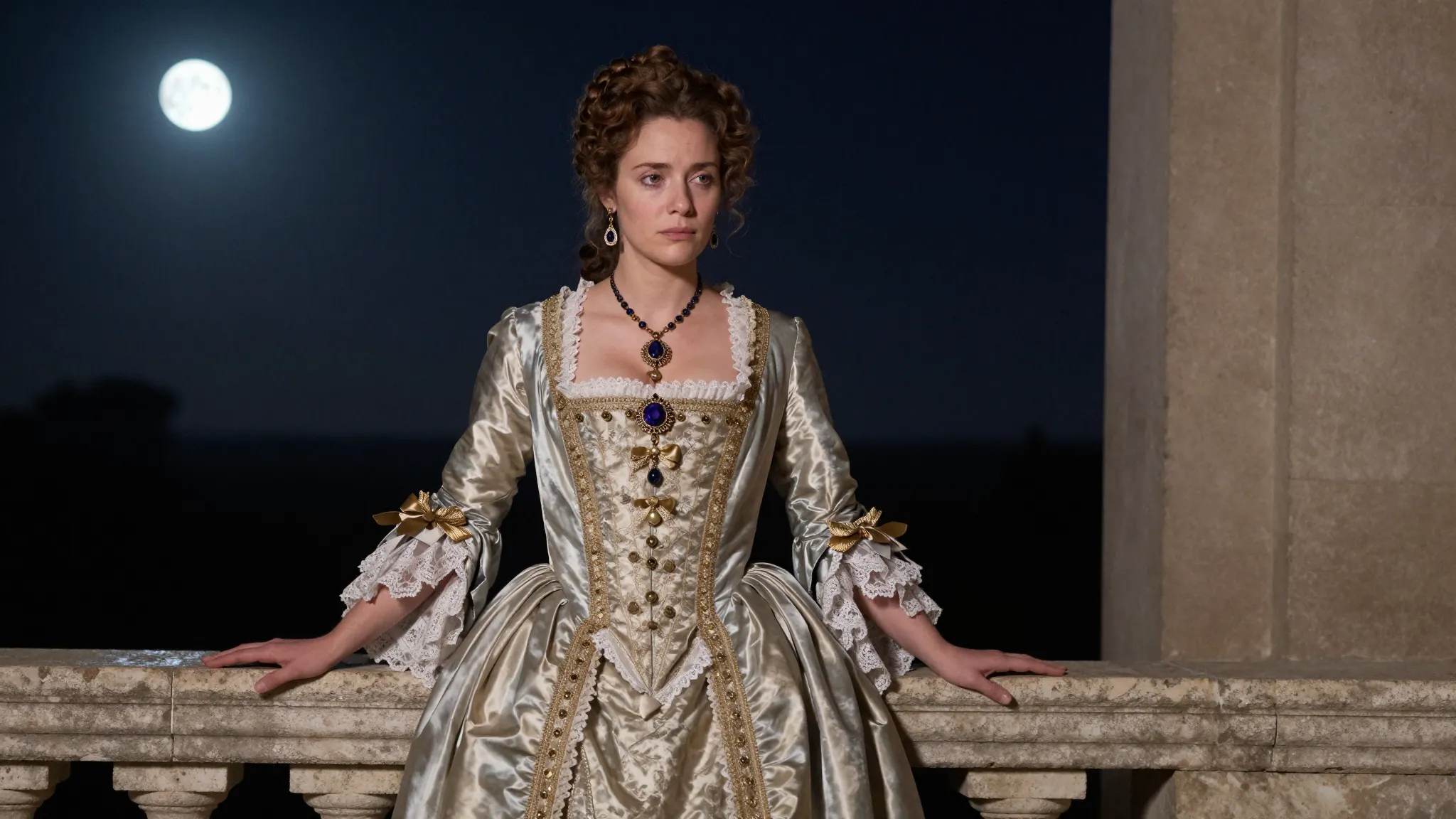 A beautiful woman in a 17th-century French silk dress standi...