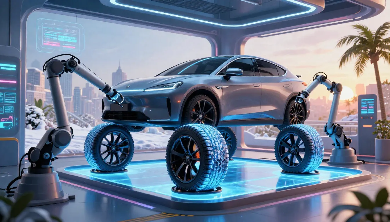 A futuristic cyberpunk tire service station. A sleek neon-li...