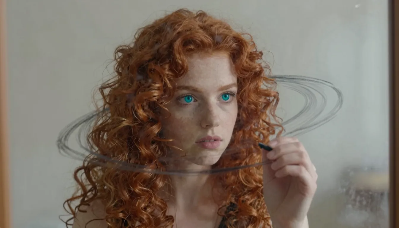 A girl with intense red curly hair and turquoise eyes, drawi...