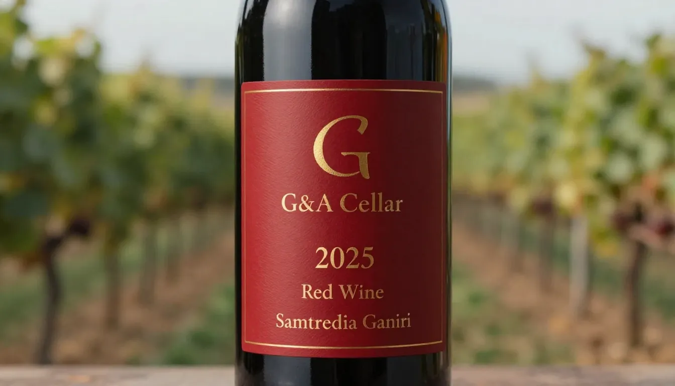 A sophisticated red wine label design on a dark glass bottle...