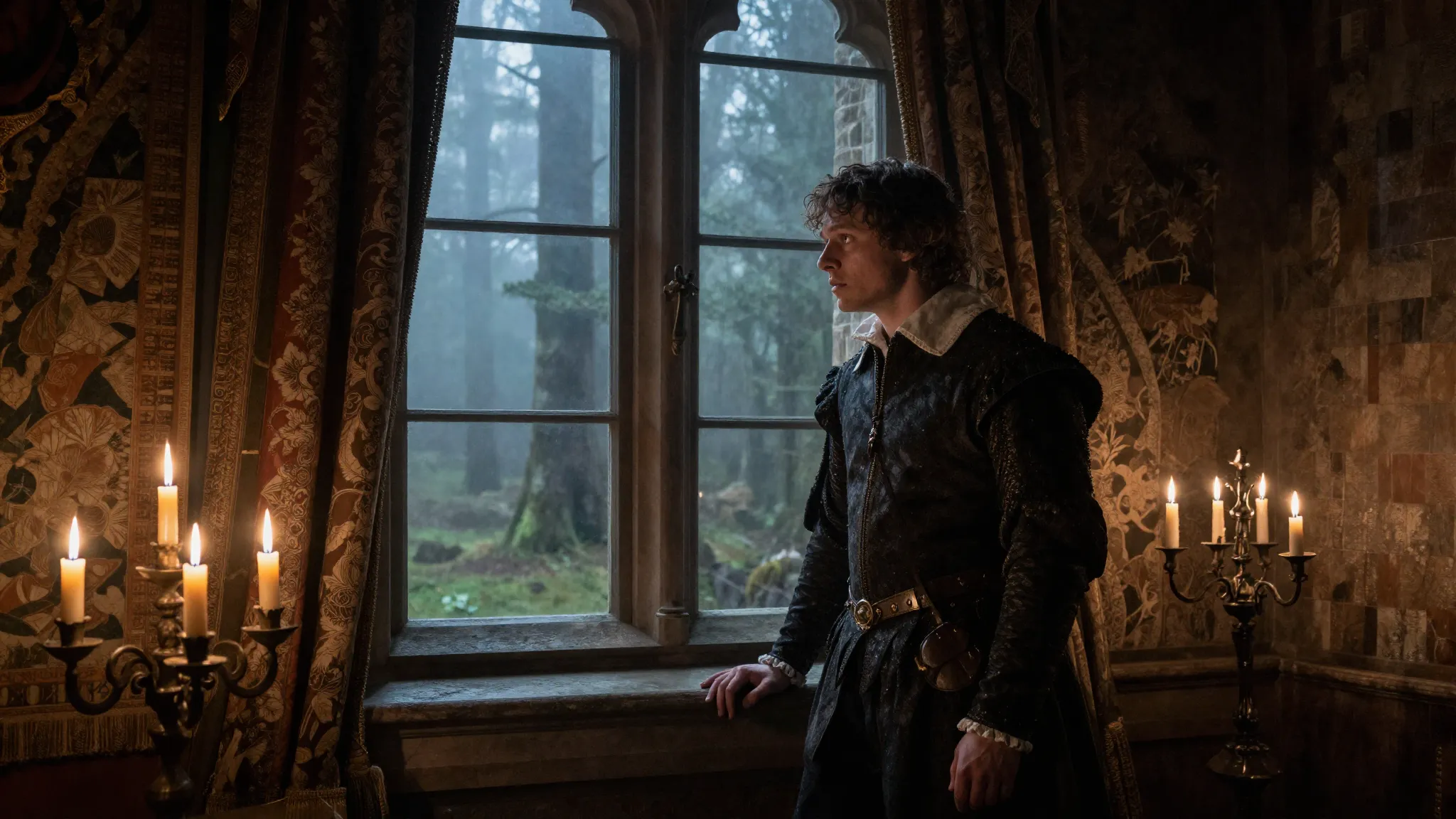 A young nobleman with a troubled expression looking out of a...