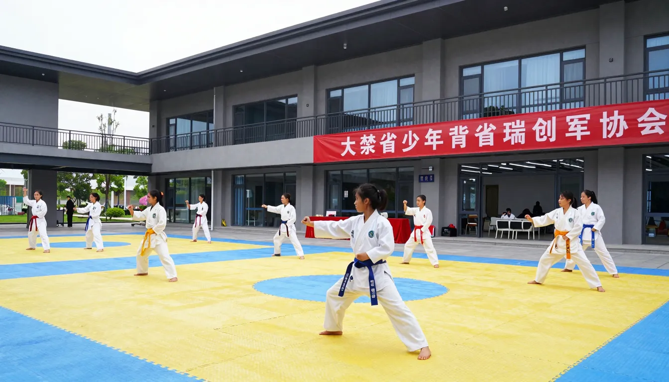 A modern sports center outdoor area with teenagers practicin...