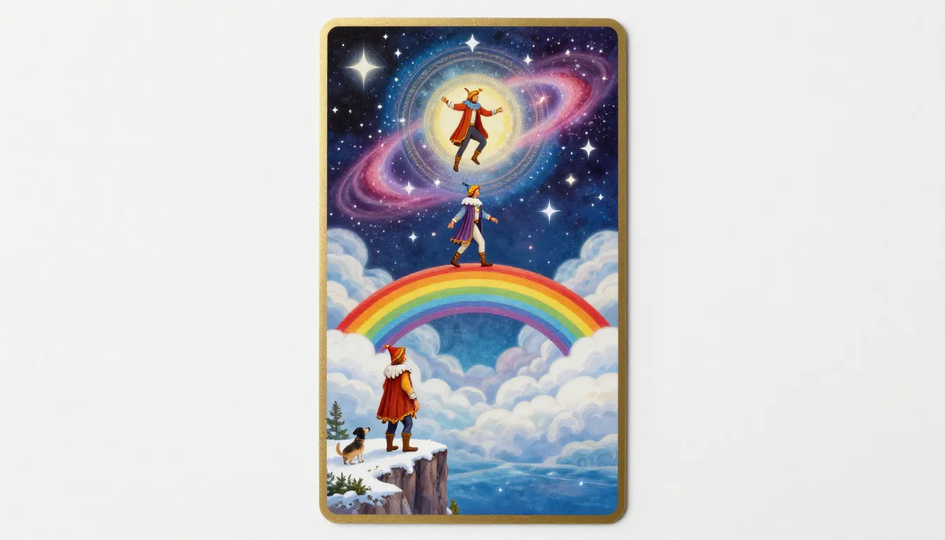 A single vertical tarot card with a continuous narrative com...